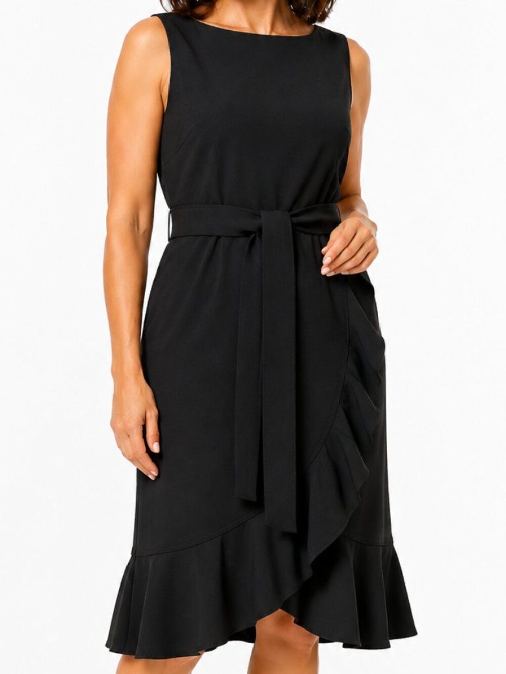 CALVIN KLEIN Black Belted Asymmetrical Ruffle Hem Dress Size 10